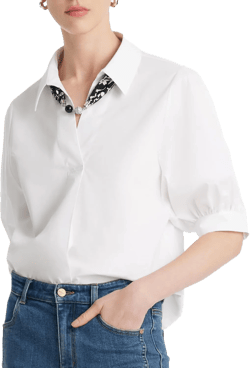 Business Casual Tops for Women Elegant V Neck White Dress Shirts Puff Sleeve Blouse for Work with Attached Silk Scarf White Medium