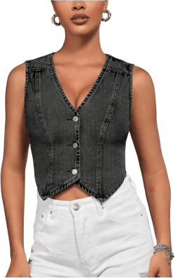 Verdusa Women's Denim Vest Button Up V Neck Sleeveless Jean Vest Top Corset Top Jean Crop Top Black X-Small
