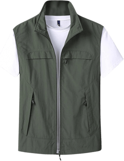 Mens Full-Zip Lightweight Softshell Vest Quick Dry Outdoor Hiking Casual Multi Pocket Fishing Vests Sleeveless Jacket Large Army Green