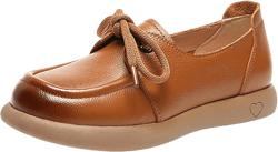 Women'S Leather Slip On Soft Sole Oxfords Comfortable Breathable Round Toe Lace-Up Platform Loafers Casual Non Slip Driving Office Work Dress Shoes 7 Brown