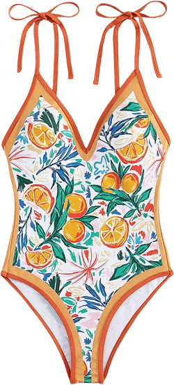 SweatyRocks Women's Swimwear Graphic Print Tie Shoulder Monokini Tummy Control One Piece Swimsuit