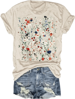 Women's Vintage Flowers Shirt Casual Boho Floral Printed T-Shirt Sunflower Wildflowers Graphic Tees Tops for Girl XX-Large 3-b-beige