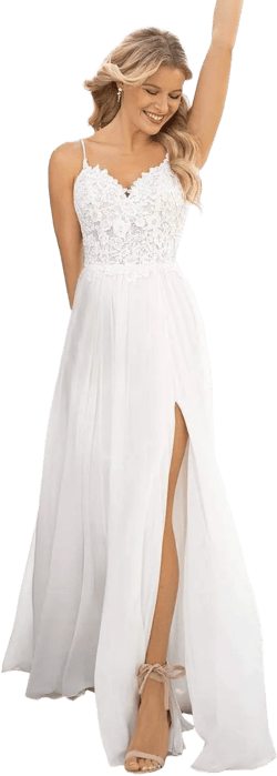 Womens Lace Bodice Beach Wedding Dresses for Bride 2024 Spaghetti Straps Chiffon Long Boho Wedding Dress with Slit Ivory 08