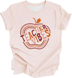 Teacher Shirts for Women 2024: First Day of School Trendy Loose Shirt Teacher's Back to School Outfit Graphic Tee 11 Beige Small