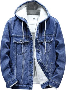 Mens Fleece Lined Denim Hoodie Jacket Casual Long Sleeve Button Down Trucker Coat Warm Winter Hooded Jean Jacket Blue X-Large