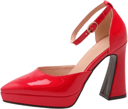 CoceMoce Elegant Pointed Toe Platform Thick Chunky High Heel Pumps for Women Patent Leather Ankle Buckle Strap Dress Shoes Wedding Working Office Evening Party Dating 6 Red-ankle Strap