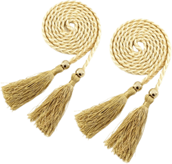 Women Girls Braided Knotted Waist Belt Skinny Mixed Color Rope Exotic Chain Tassel for Dress Skirt 2pcs Yellowwhite