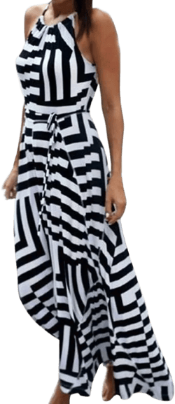 Generic Women's Summer Maxi Sundress Classic Sleeveless Stripe Print Halter Neck Flowy Ruffle Hem Boho Long Dresses with Belt Small Black