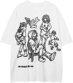 Men's Graphic Tees Shirt Unisex Vintage Oversize Shirts Summer Cotton Tee Streetwear Loose Casual Tops Large Line White