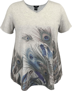 LEEBE Women and Plus Size Short Sleeve Printed Swing Tunic Top (Small-5X) Small V Feather / Lt. Grey