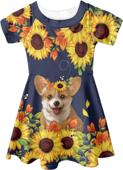 WELLFLYHOM Girls Summer Dress Short Sleeve Casual Party Tshirt Dress 3-14 Years 13-14 Years Sunflower Corgi