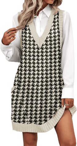 Zeagoo Womens Sweater Vest Dress Pattern Knitted Pullovers Sweaters V Neck Tank Sweater Dress with Pockets Black Houndstooth Medium
