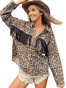 Leopard Fringe Detail Collared Neck Denim Jacket
