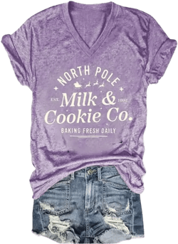 North Pole Milk and Cookie Company Vneck Tshirt Casual Christmas Funny T Shirt Purple 3X-Large
