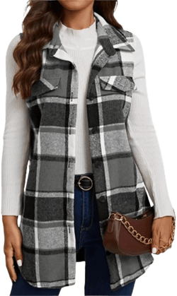 Women's Flannel Plaid Vest Button Down Sleeveless Shacket Shirt Jacket with Pocket Fall Winter Outerwear