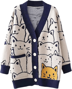 Arssm Cat Sweater for Women Oversized Button Down V Neck Cable Knit Sweater Cute Kawaii Cartoon Cardigan Coat Large Navy
