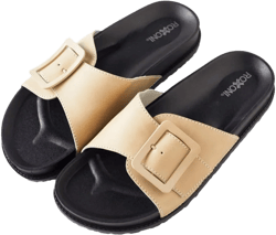Roxoni Women's Open Toe Big Adjustable Strap Slide Sandals - Stylish and Comfortable Slip-Ons with Wide Strap Design 9 Beige