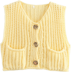Wyeysyt Sweater Vest Women Sleeveless Crop Knit Cardigan Casual Button Down Cropped Knitted Sweater Vest with Pockets Yellow Large