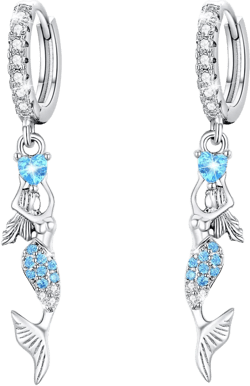 Cuoka Animal Earrings 925 Sterling Silver Cute Animal Hoop Huggie Earrings,Hypoallergenic Animal Jewelry Birthday Graduation Gifts for Women Girls 01-Mermaid(Blue)