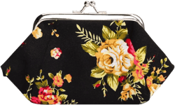 Oyachic Printed Coin Purse Vintage Pouch Buckle Clutch Bag Kiss-lock Change Purse Floral Clasp Closure Wallets For Women Girl Black