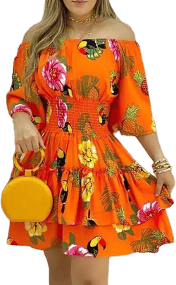 Fashion Elegant Print Off Shoulder Short Sleeve Party Dress