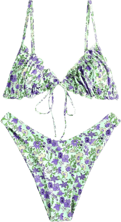 ZAFUL Women's Ruffled Textured Bow Tie Bikini Ditsy Floral Printed Swimsuit Two Piece Bathing Suit (Green&Purple M)