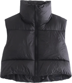 HangNiFang Women's Winter Cropped Puffer Vest Lightweight Sleeveless Warm Outerwear Puffer Vest Padded Gilet Medium Black
