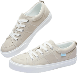 Obtaom Women's White Play Fashion Sneakers Cute Lace up Canvas Shoes Low Top Washed Canvas Flat for Lady 5 Beige