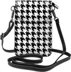 Women Men Girls Boys Black And White Houndstooth Small Crossbody Purse Cell Phone Pouch Mini Tote Shoulder Bag For Travel Work Shopping Walking Dating Outdoor