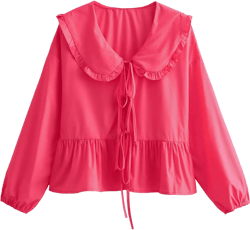 Gihuo Women's Lapel Doll Collar Y2K Blouse Cute Tie Front Babydoll Tops Ruffle Hem Puff Long Sleeve Peplum Shirts(Pink-S), Small