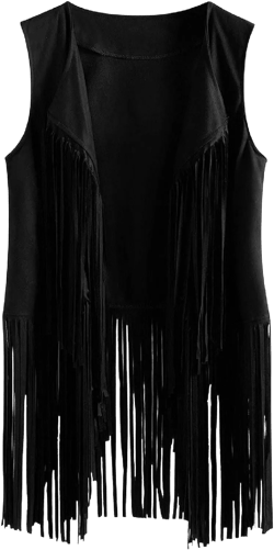 Fringe Vest for Women Western Cowgirl Outfits Suede Faux Tassels Cardigans Solid Sleeveless Hippie Jacket 3X-Large A-black