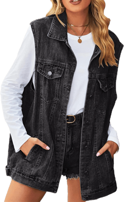 hathne Women's Oversized Denim Vest Sleeveless Jean Jacket Vest with Hood Button Down Long Waistcoat with Pockets Streetwear(Black,3X-Large)
