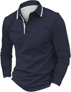 Mens Long Sleeve Pique Polos Shirts Slim Fit Lapel Collar Business Offcie Work Shirt Comfy Casual Athletic Golf Tees Large Navy