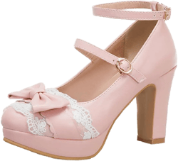 FOWT Women Platform Round Toe Mary Janes Lace Bow Block High Heels Double Straps Cute Daily Dressy Shoes Size 4-16 US 9 Light Pink