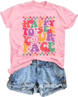 Teacher Shirts for Women Happy to See Your Face Tshirt Funny Back to School Teacher Gift Tee Tops Pink1 X-Large