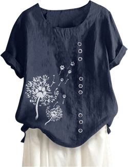 Ceboyel Women Dandelion Print Blouse Tops Cotton Linen Tunic Shirts Short Sleeve Crewneck Tee Boho Style Cute Clothes 2023 X-Large Navy #2