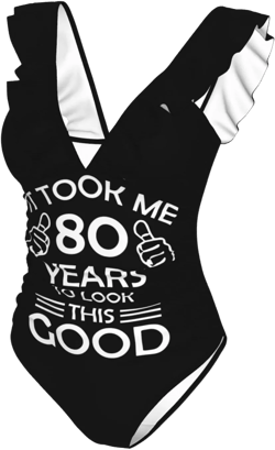 Happy 80th Birthday Women's Ruffled V-Neck One-Piece Swimsuit Flounce Lace Up Monokini Tummy Control Bathing Suit Large