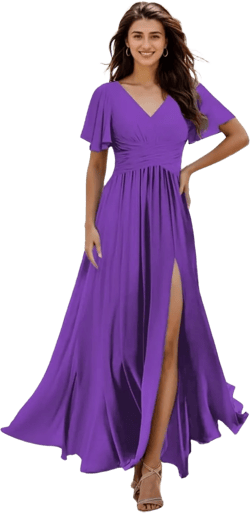Chiffon Bridesmaid Dresses for Women V Neck Pockets Slit Long Wedding Guest Formal Dress with Flutter Sleeve 22 Plus Purple