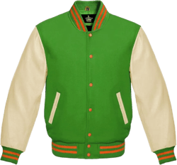 Varsity Jacket Baseball Letterman Bomber Wool & Light Cream Genuine leather Sleeves With Orange Stripe Large Kelley Green