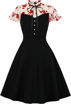 Wellwits Women's Floral Mesh Frill Neck Flounce Sleeves Vintage Dress