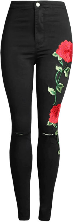 Women's Stretch Embroidered Washed Denim Trousers Slim Fit Flower Skinny Pencil Jeans Pocket Floral Tight Jeans