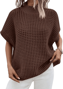 ANRABESS Womens Oversized Short Batwing Sleeve Sweater Mock Neck Casual 2025 Summer Fall Knit Sleeveless Pullover Vest Tops Brown Small
