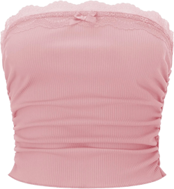 Women Lace Trim Tube Top Strapless Ribbed Ruched Bandeau Y2k Summer Going Out Crop Tops Medium A Pink