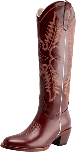 GORBINETI Women Red Cowboy Boots Knee High Red Cowgirl Boots Chunky Heel Western Boots Embroidered Almond Toe Boots Pull On Mid Heel Boots