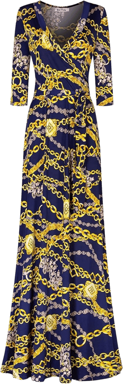 Women's Super Stretchy Maxi Party Dress Spring Floral Print Faux Wrap 3/4 Sleeve V-Neck Small Navy1