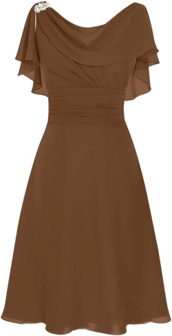 Women's Chiffon Cowl Neck Mother Bridesmaid Dresses Backless Knee Length Wedding Evening Party Dress with Ruffles 26 Brown
