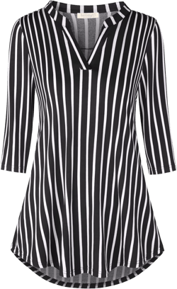 BAISHENGGT Womens 3/4 Sleeve Floral Printed Notch V Neck Blouses Tunics Tops Medium Black White Stripe