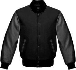 Varsity Baseball Letterman Bomber School Collage Black Wool & Genuine Black Leather Sleeves Jacket XX-Large Black