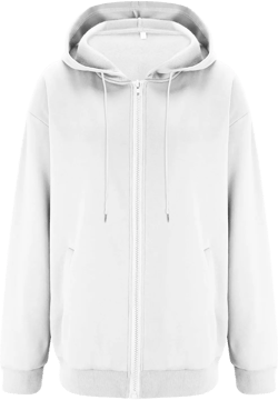 Women Zip Up Hoodie Casual Long Sleeve Oversized Sweatshirt Loose Comfy Fleece Jacket with Pockets Y2k Fall Clothes A-white Medium