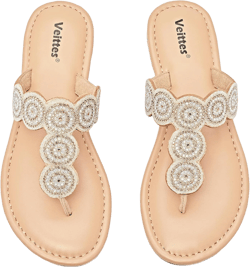 Amazon.com | Veittes Women's Flat Slide Sandals - Comfortable Fashion Bling Bohemian T-Strap Slip on Summer Shoes.(2307006,GD/MF,9) | Shoes